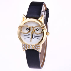 Animal cat face diamond collar eye glasses cat quartz watch