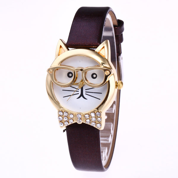 Animal cat face diamond collar eye glasses cat quartz watch