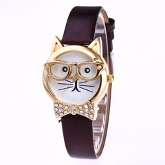 Animal cat face diamond collar eye glasses cat quartz watch