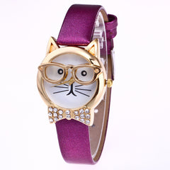 Animal cat face diamond collar eye glasses cat quartz watch