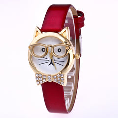 Animal cat face diamond collar eye glasses cat quartz watch