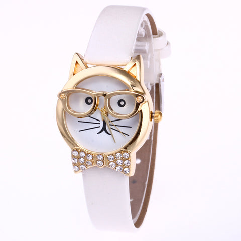 Animal cat face diamond collar eye glasses cat quartz watch